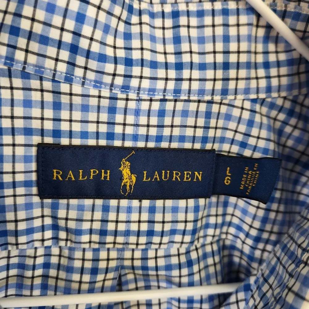 Ralph Lauren Mens L Blue Check Oxford Shirt Classic Fit‎ Long Sleeve Polo Logo